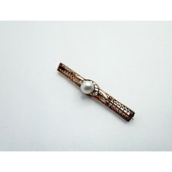 Antique Art Deco 14K Gold Filigree Bar Pin Brooch with Pearl & Diamonds c. 1920s - Picture 5 of 10